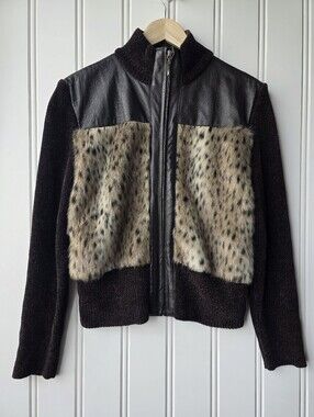 Lisa International Sweater Bomber Jacket Faux Fur Leather Leopard Print Large